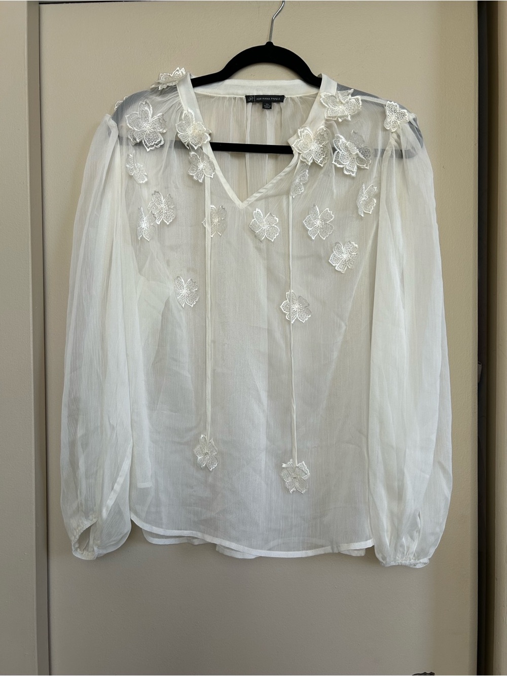 Adrianna Papell Sheer White Floral Applique Peasant Blouse, XL